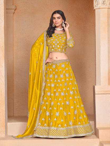 Odette Yellow Embroidered Organza Semi Stitched Lehenga With Unstitched Blouse For Women