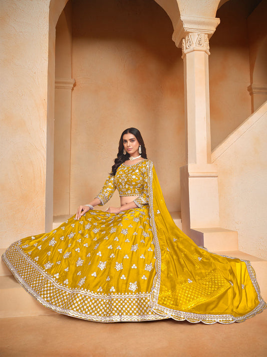 Odette Yellow Embroidered Organza Semi Stitched Lehenga With Unstitched Blouse For Women