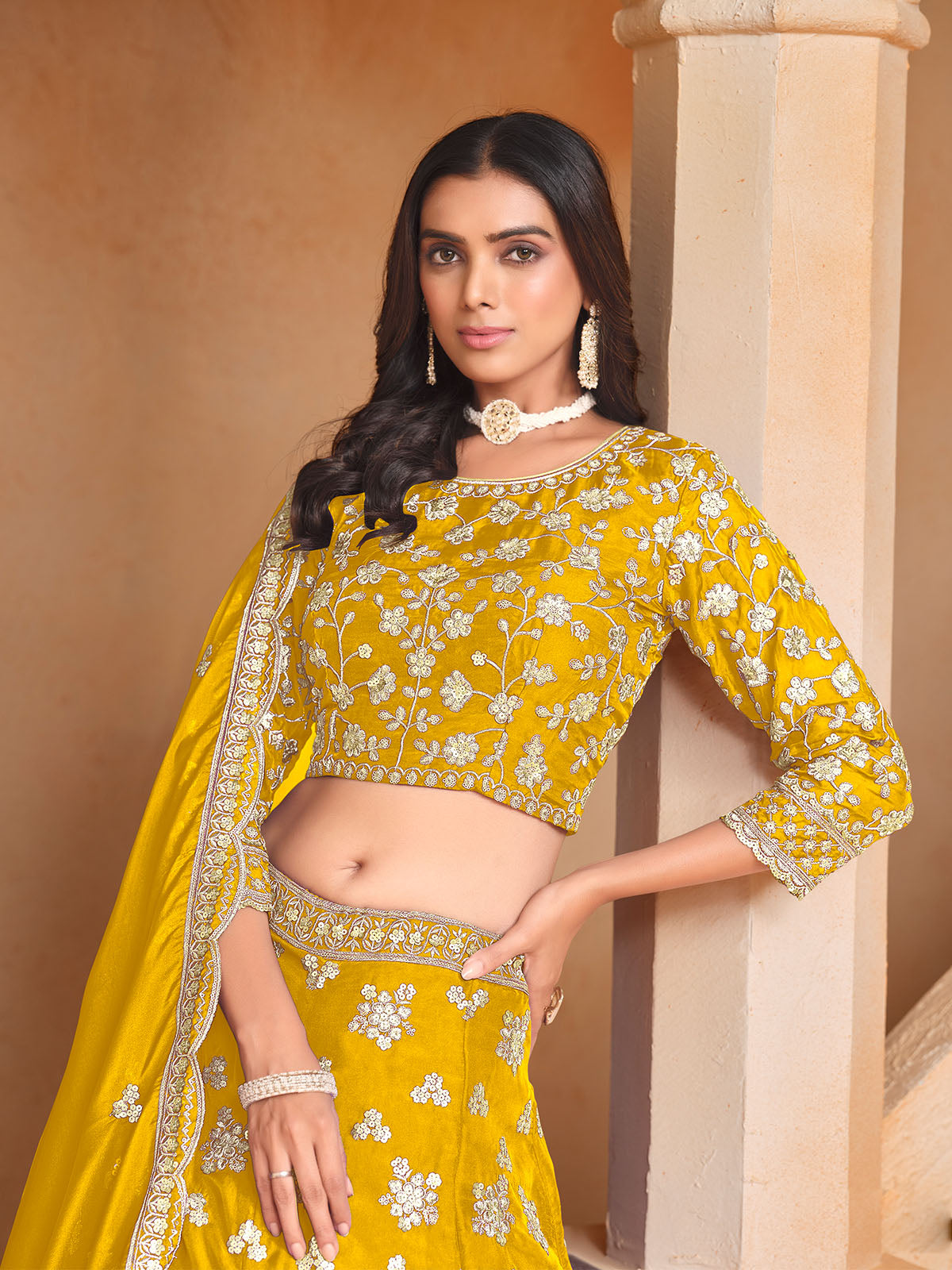 Odette Yellow Embroidered Organza Semi Stitched Lehenga With Unstitched Blouse For Women