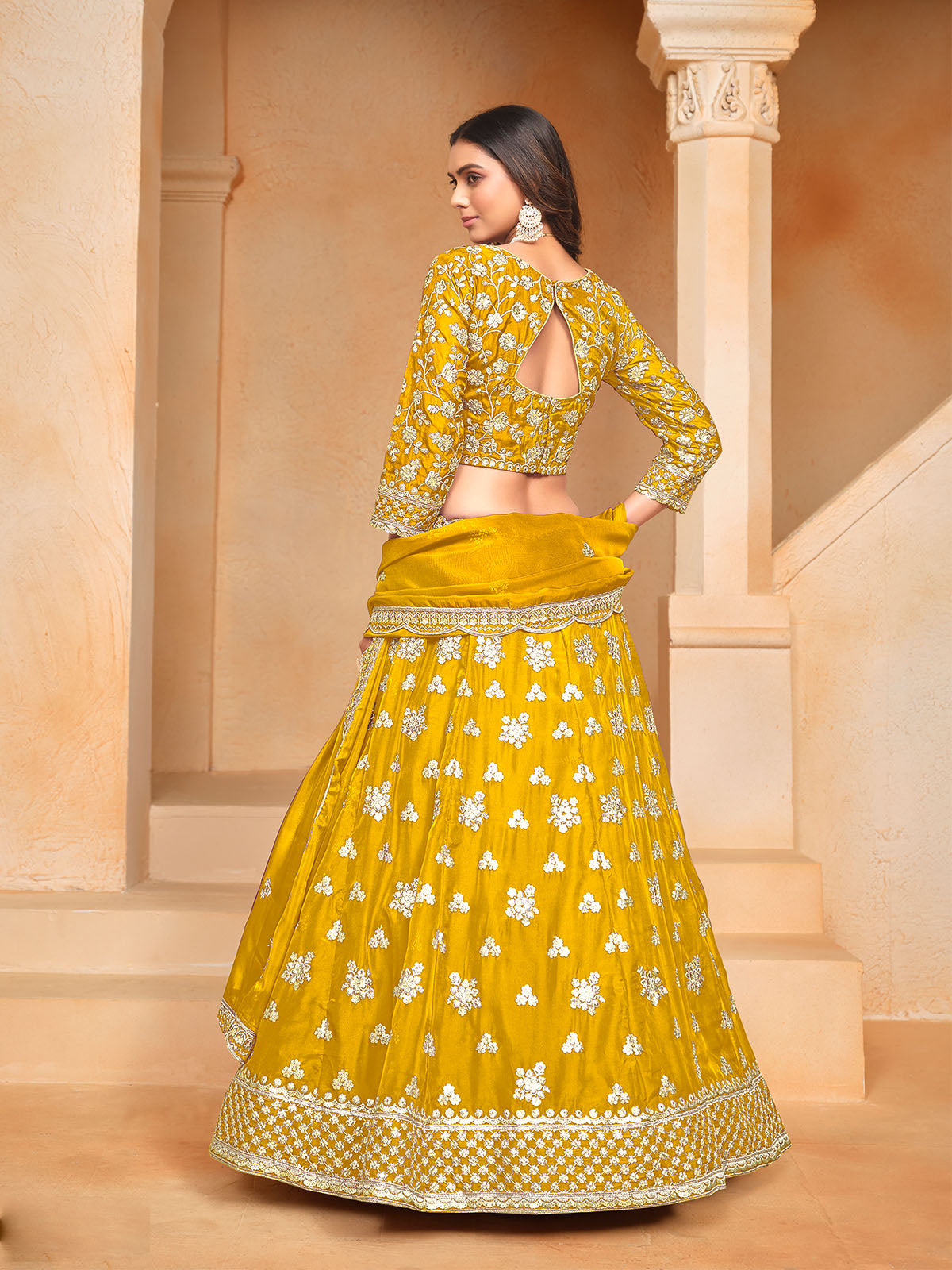 Odette Yellow Embroidered Organza Semi Stitched Lehenga With Unstitched Blouse For Women