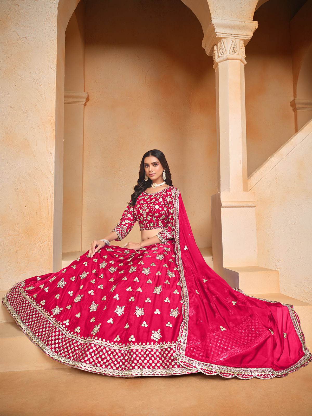 Odette Pink Embroidered Organza Semi Stitched Lehenga With Unstitched Blouse For Women