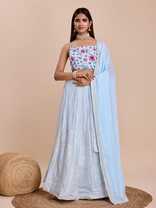 Odette Light Blue Georgette Embroidered Semi-Stitched Lehenga For Women