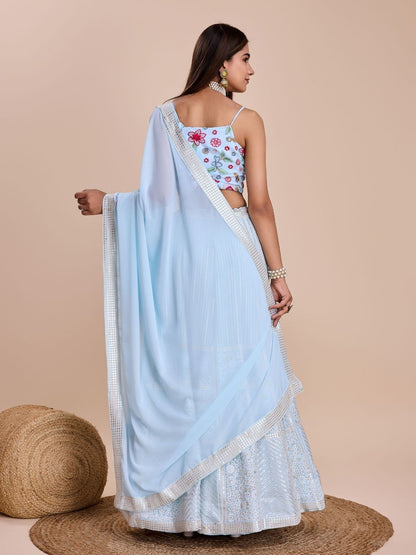 Odette Light Blue Georgette Embroidered Semi-Stitched Lehenga For Women