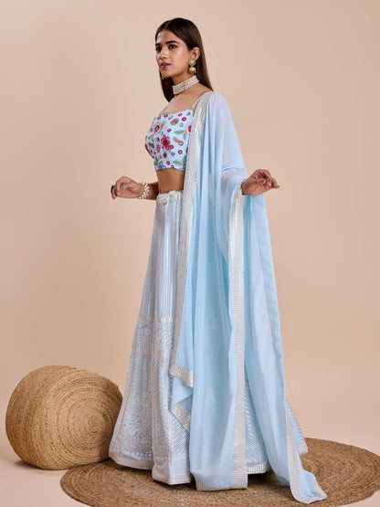 Odette Light Blue Georgette Embroidered Semi-Stitched Lehenga For Women