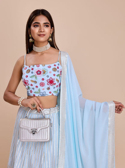 Odette Light Blue Georgette Embroidered Semi-Stitched Lehenga For Women