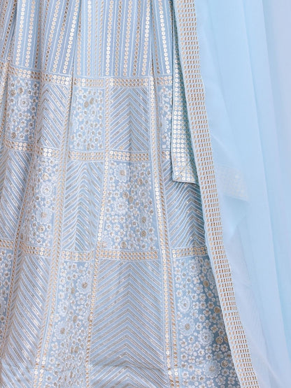 Odette Light Blue Georgette Embroidered Semi-Stitched Lehenga For Women