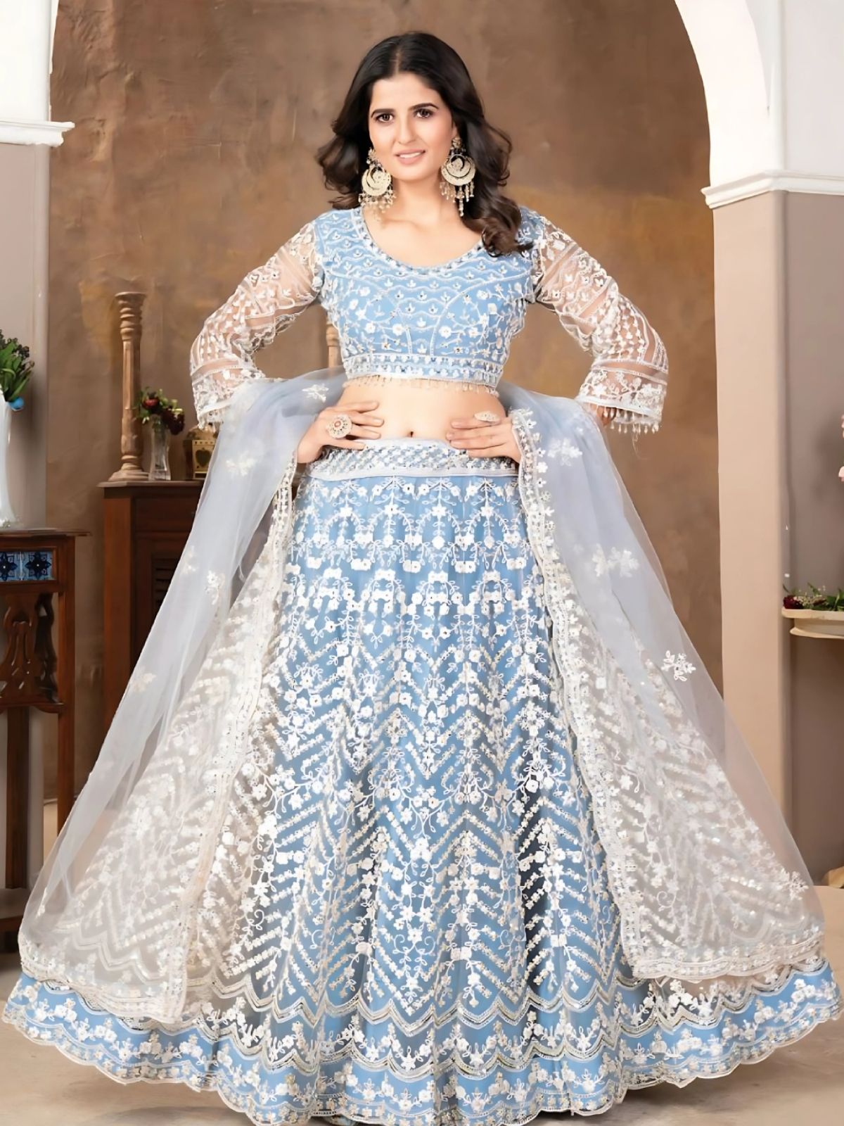 Odette Light Blue Net Embroidered Semi-Stitched Lehenga For Women