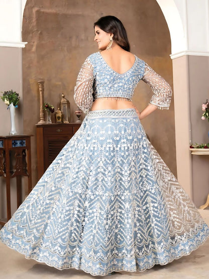 Odette Light Blue Net Embroidered Semi-Stitched Lehenga For Women