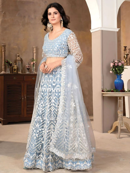 Odette Light Blue Net Embroidered Semi-Stitched Lehenga For Women