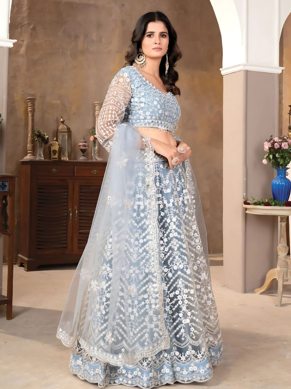 Odette Light Blue Net Embroidered Semi-Stitched Lehenga For Women