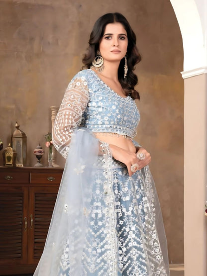 Odette Light Blue Net Embroidered Semi-Stitched Lehenga For Women