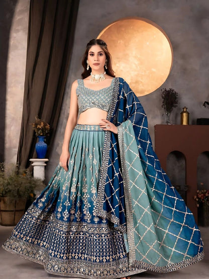 Odette Blue Georgette Embroidered Semi-Stitched Lehenga For Women