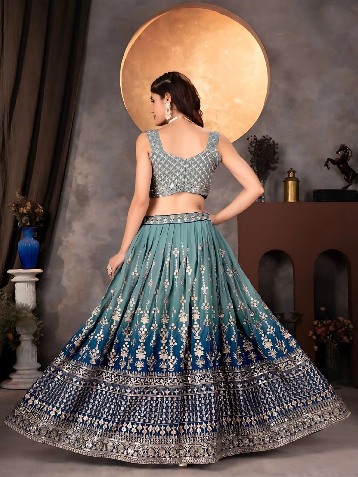 Odette Blue Georgette Embroidered Semi-Stitched Lehenga For Women