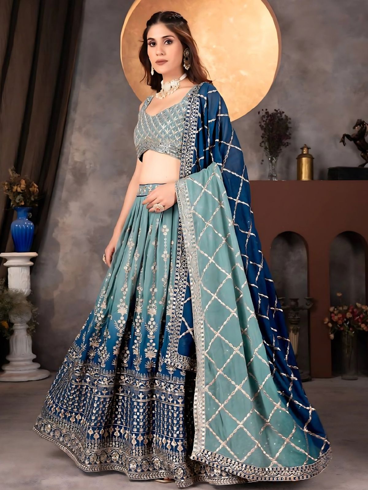 Odette Blue Georgette Embroidered Semi-Stitched Lehenga For Women