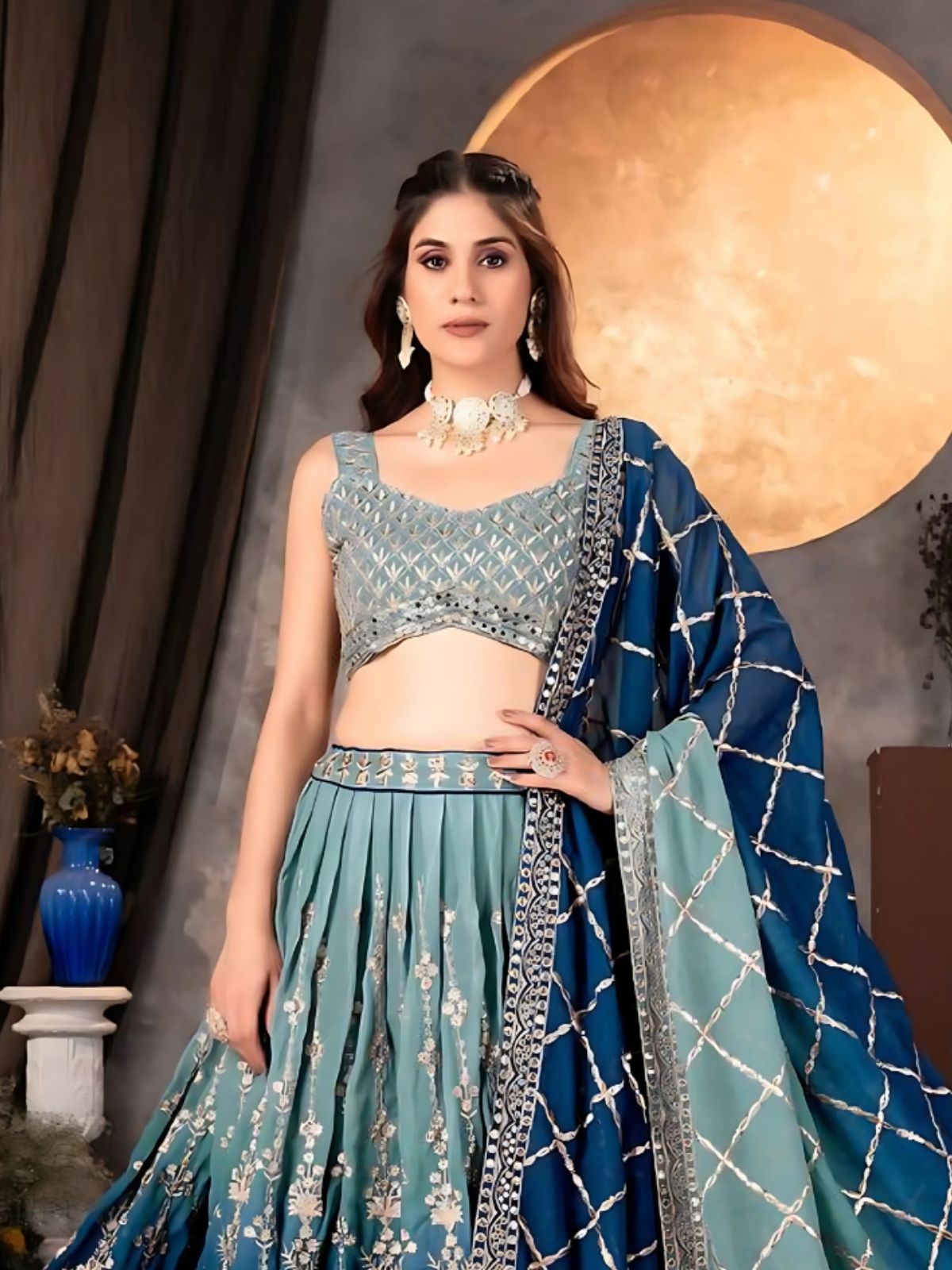 Odette Blue Georgette Embroidered Semi-Stitched Lehenga For Women