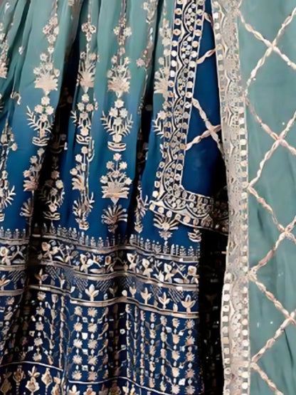 Odette Blue Georgette Embroidered Semi-Stitched Lehenga For Women