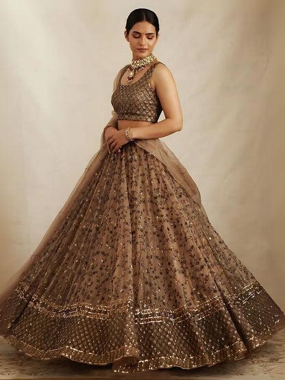 Odette Brown Net Embroidered Semi-Stitched Lehenga For Women