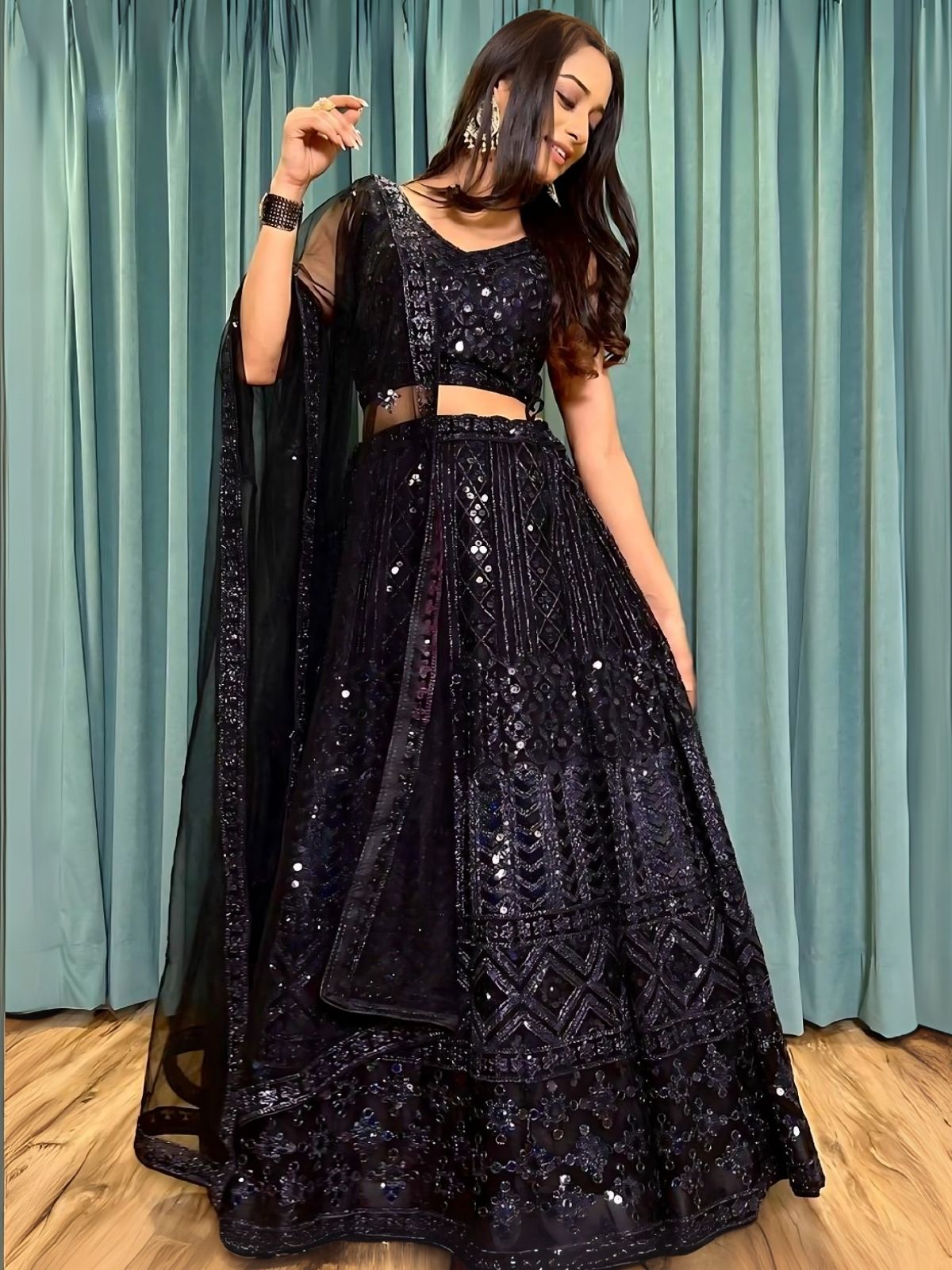 Odette Black Net Embroidered Semi-Stitched Lehenga For Women