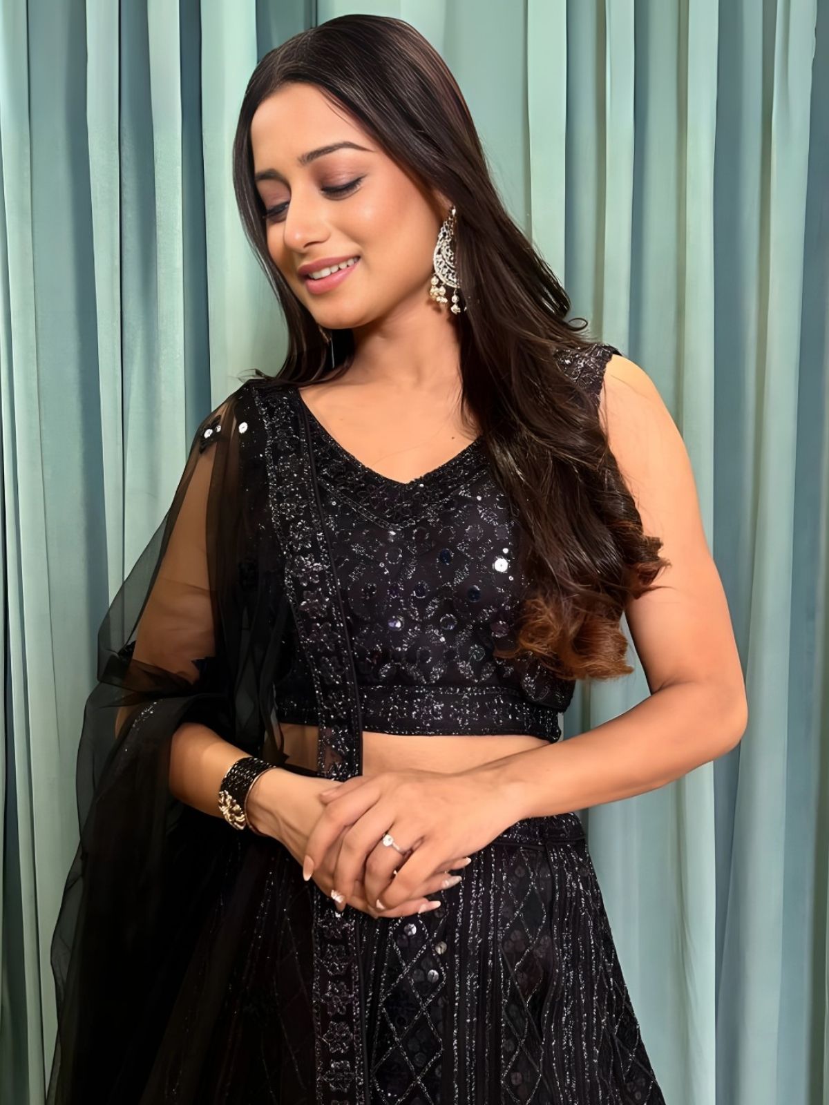 Odette Black Net Embroidered Semi-Stitched Lehenga For Women