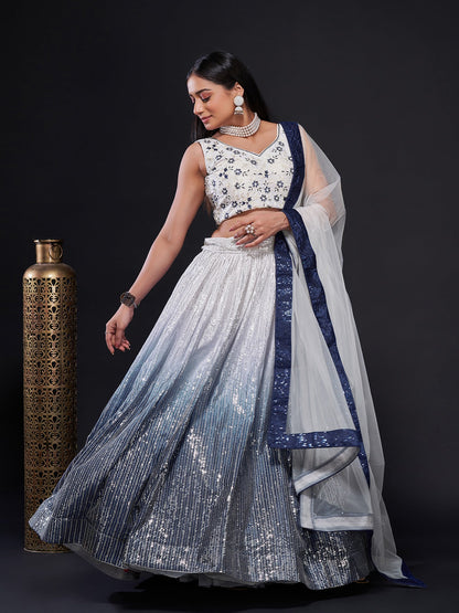 Odette Women White And Blue Georgette Sequins Semi Stitched Lehenga Choli