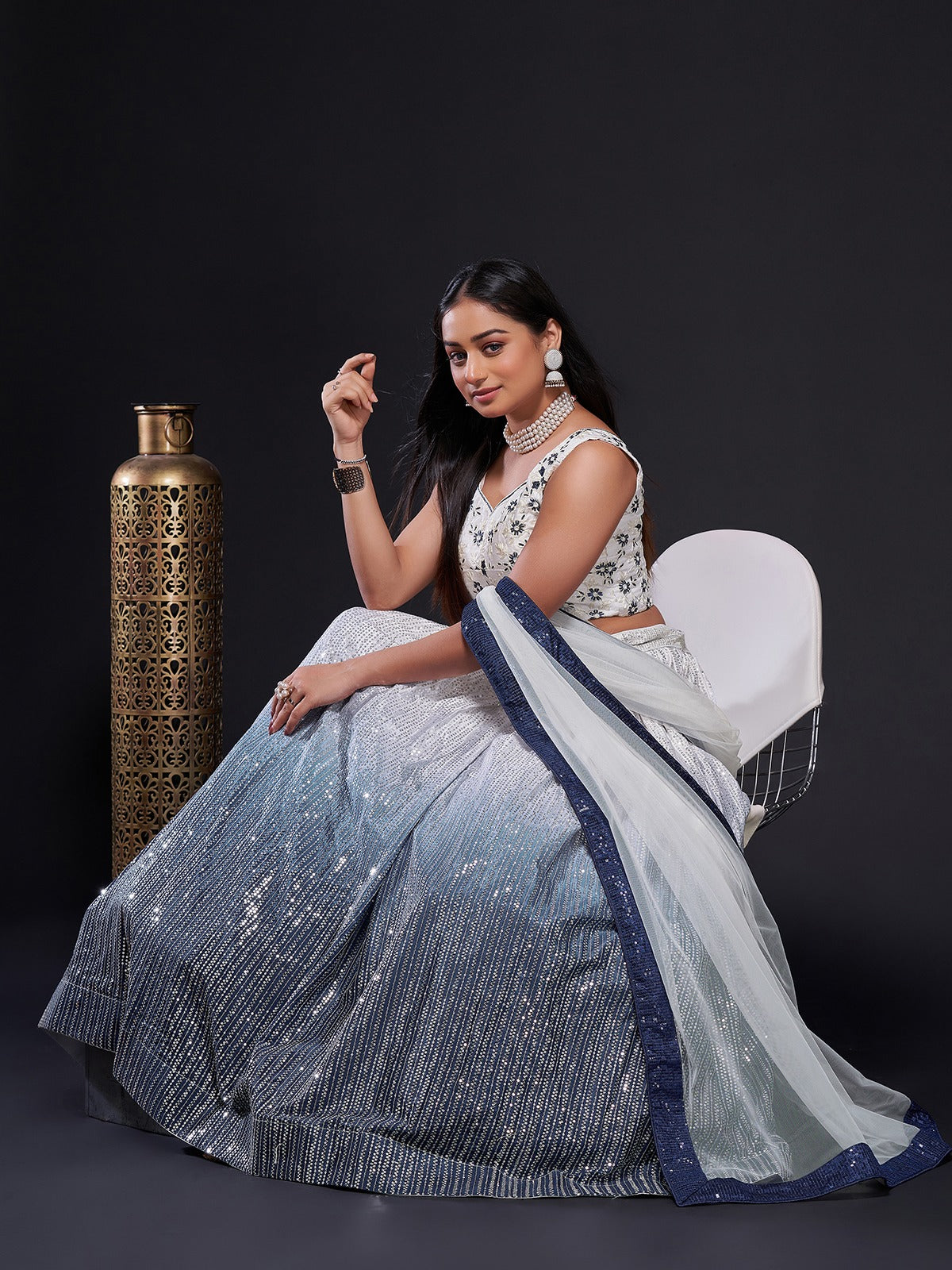 Odette Women White And Blue Georgette Sequins Semi Stitched Lehenga Choli