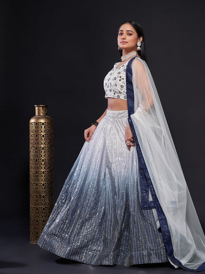 Odette Women White And Blue Georgette Sequins Semi Stitched Lehenga Choli