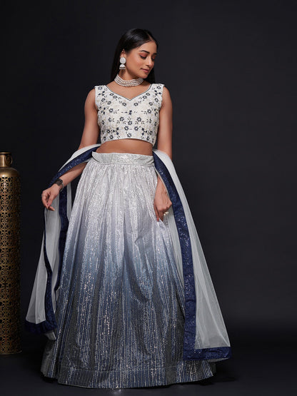 Odette Women White And Blue Georgette Sequins Semi Stitched Lehenga Choli