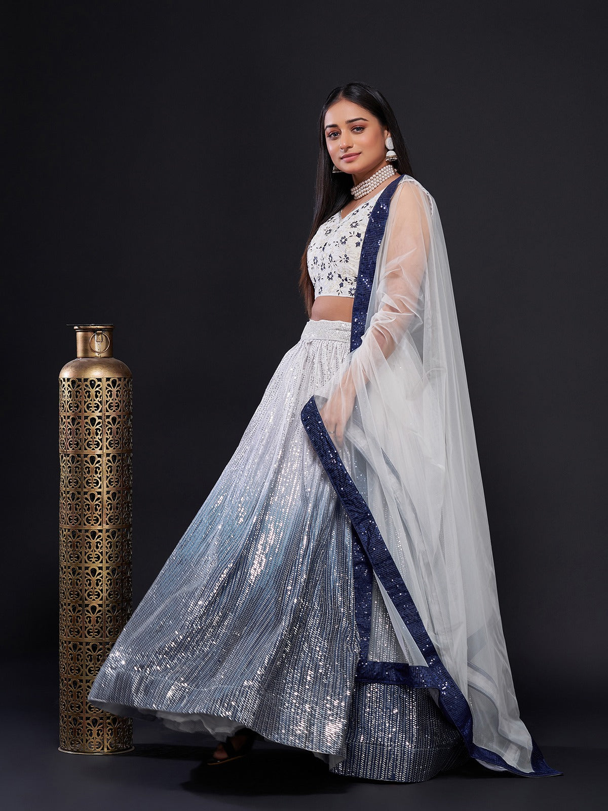 Odette Women White And Blue Georgette Sequins Semi Stitched Lehenga Choli