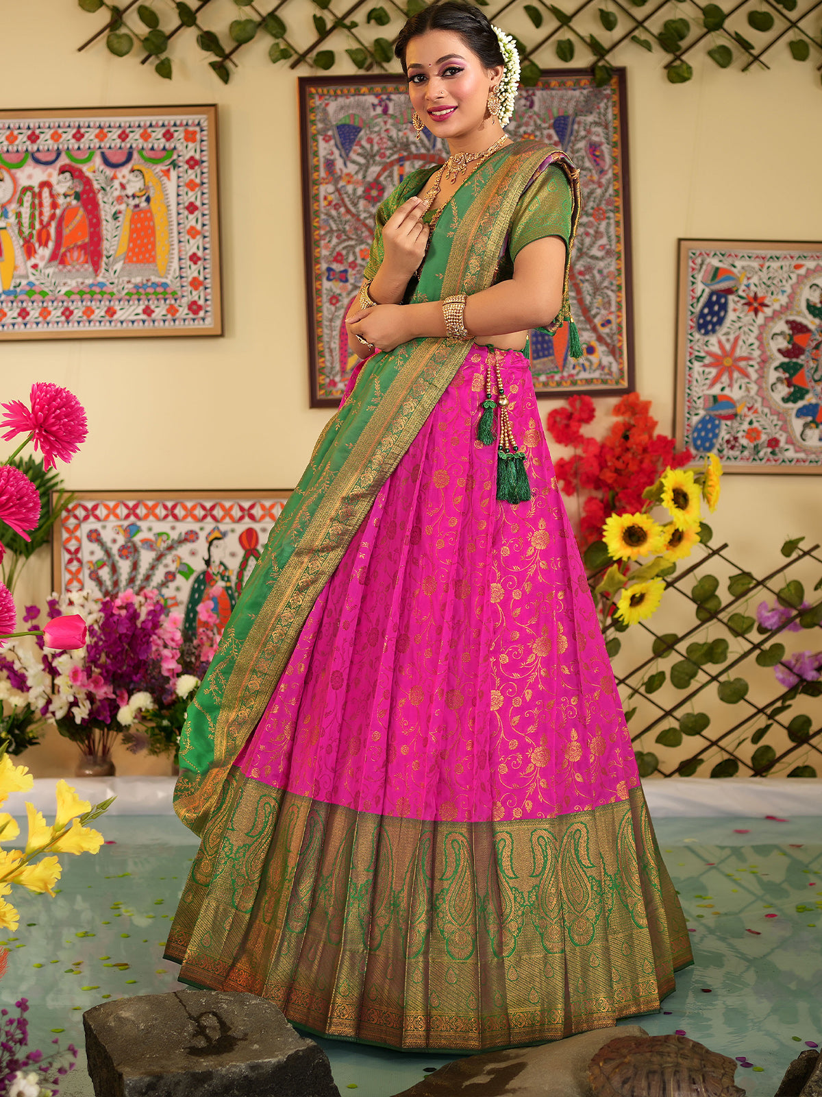 Odette Women Pink Silk Woven Semi Stitched Lehenga With Unstitched Blouse