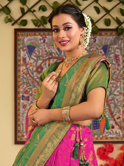 Odette Women Pink Silk Woven Semi Stitched Lehenga With Unstitched Blouse