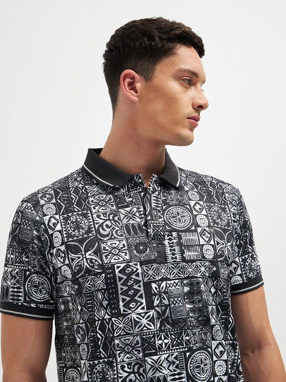 Black Printed Polo T Shirt