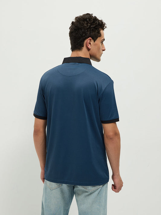 Navy Zipper Plain Polo Casual T Shirt