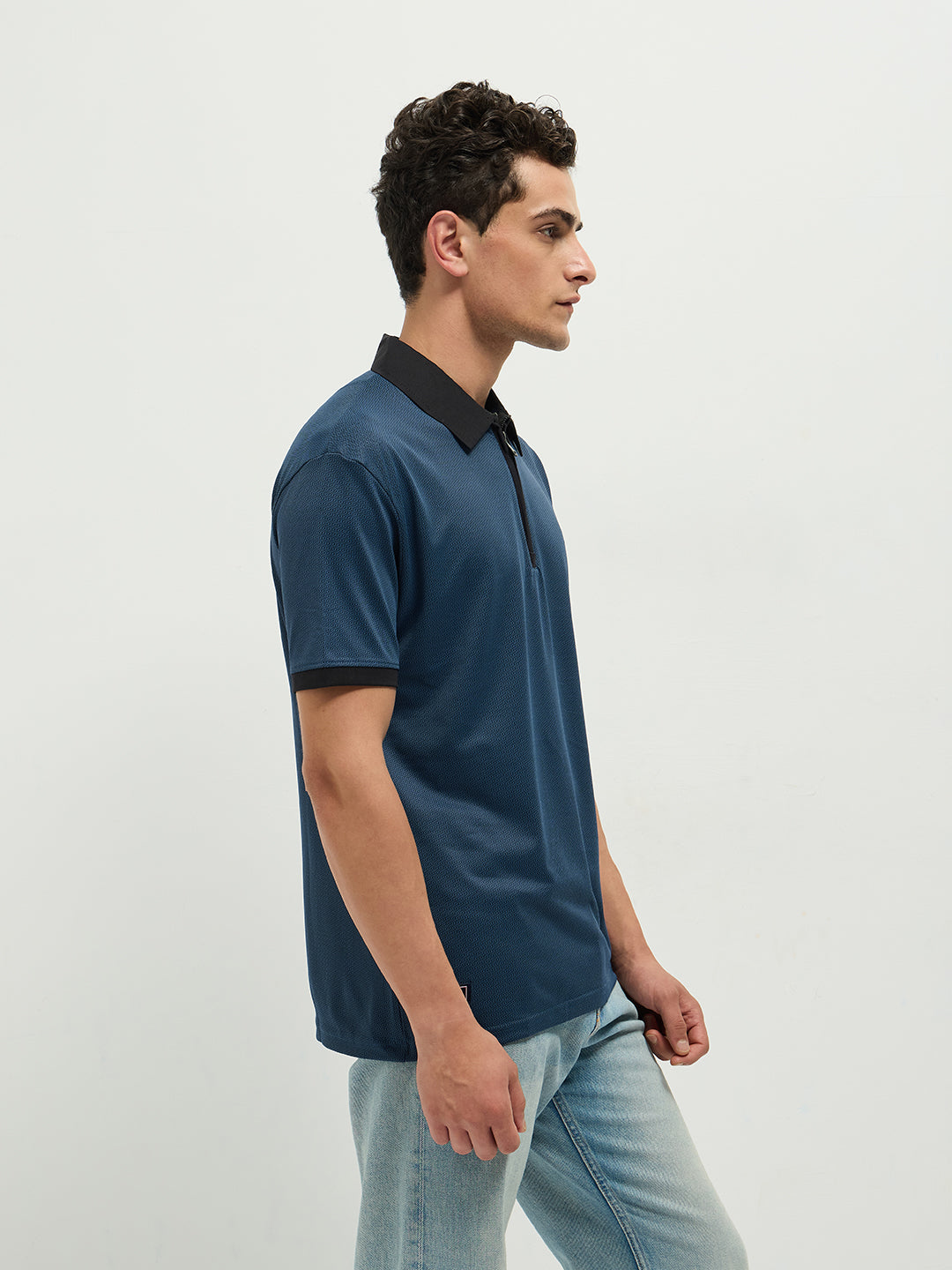 Navy Zipper Plain Polo Casual T Shirt
