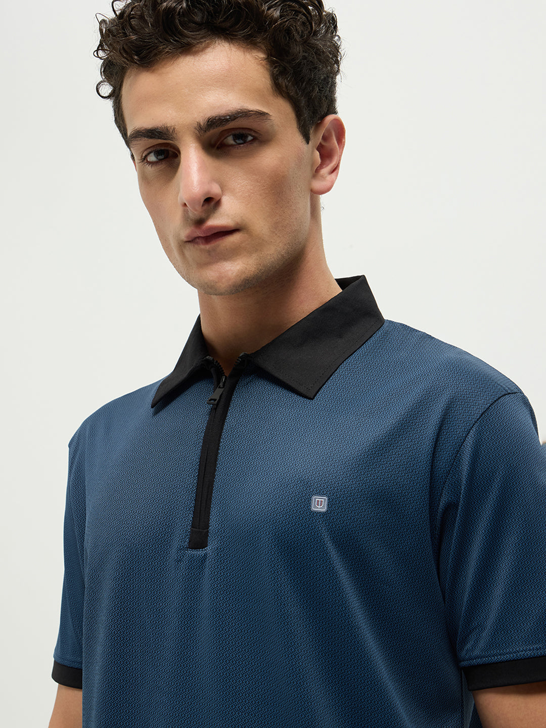 Navy Zipper Plain Polo Casual T Shirt