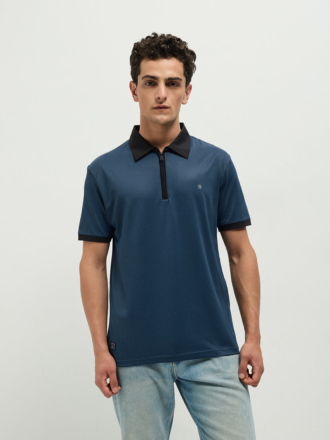 Navy Zipper Plain Polo Casual T Shirt