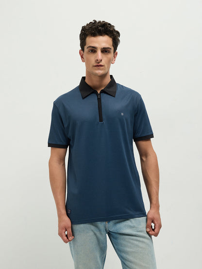 Navy Zipper Plain Polo Casual T Shirt