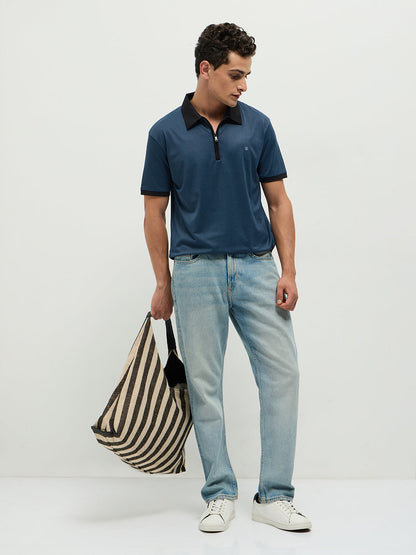 Navy Zipper Plain Polo Casual T Shirt