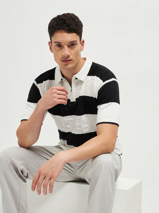 Black Stripes Zipper Polo T Shirt