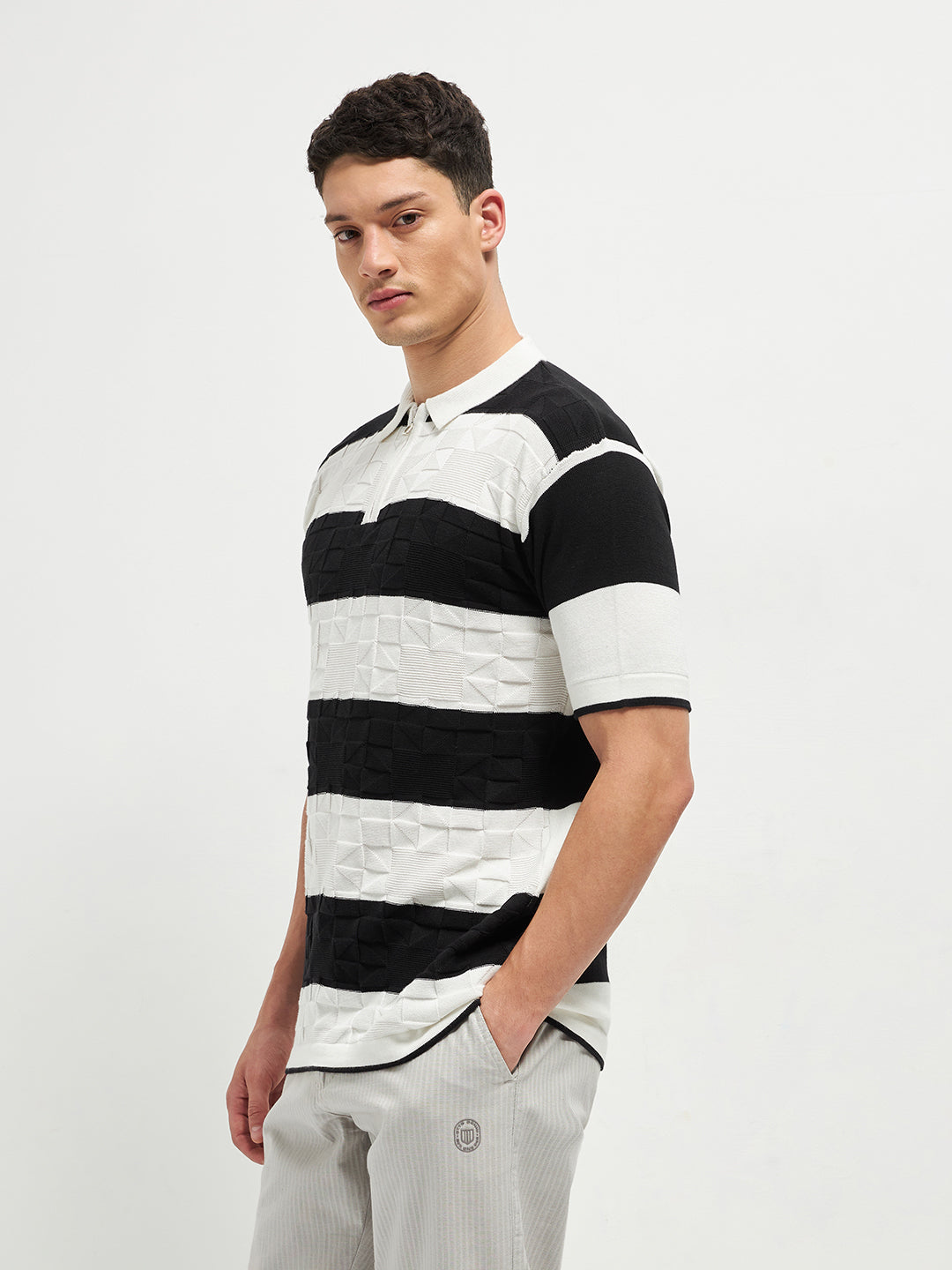 Black Stripes Zipper Polo T Shirt