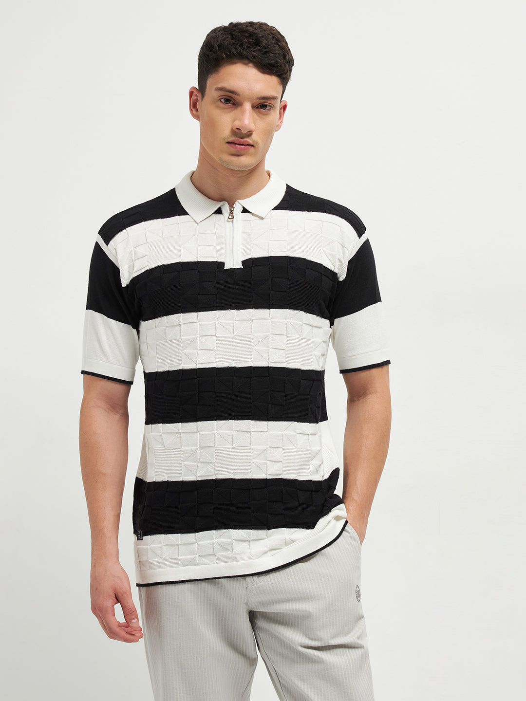 Black Stripes Zipper Polo T Shirt