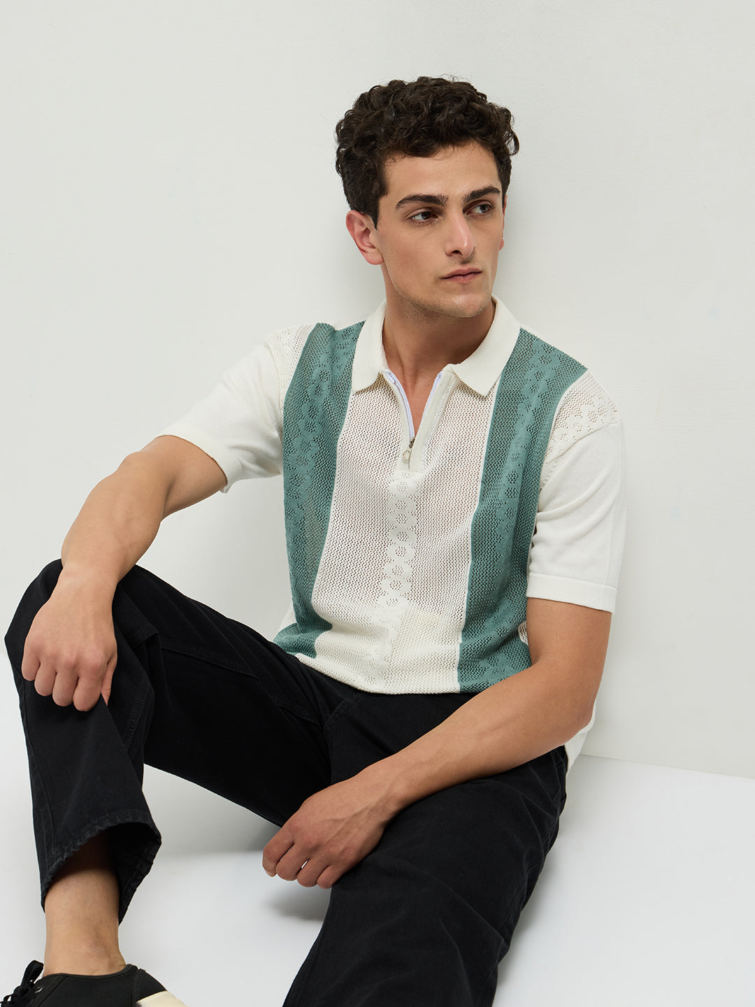 Green Zipper Stripes Polo T Shirt