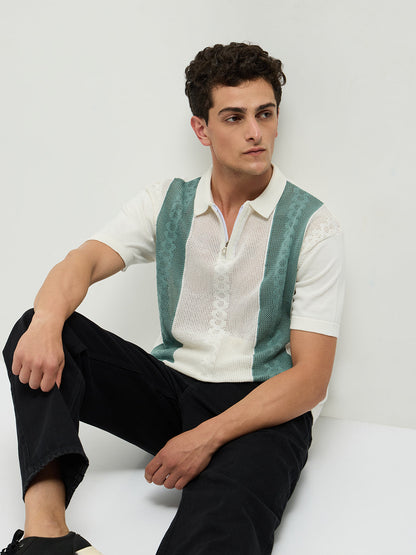 Green Zipper Stripes Polo T Shirt