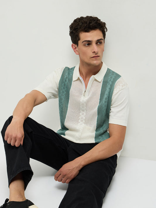 Green Zipper Stripes Polo T Shirt