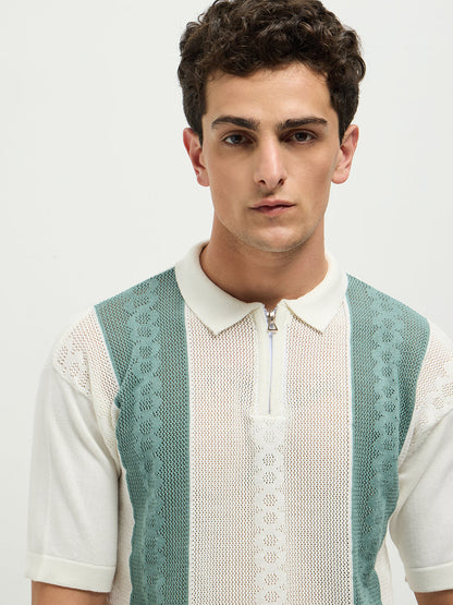 Green Zipper Stripes Polo T Shirt