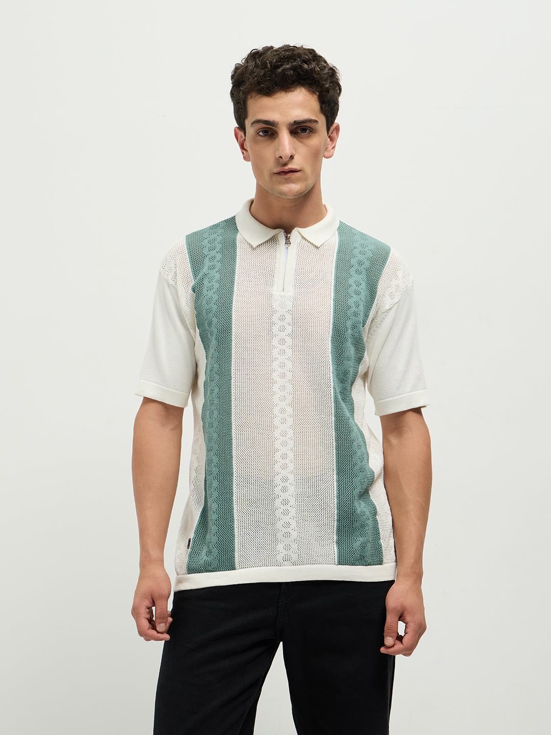 Green Zipper Stripes Polo T Shirt