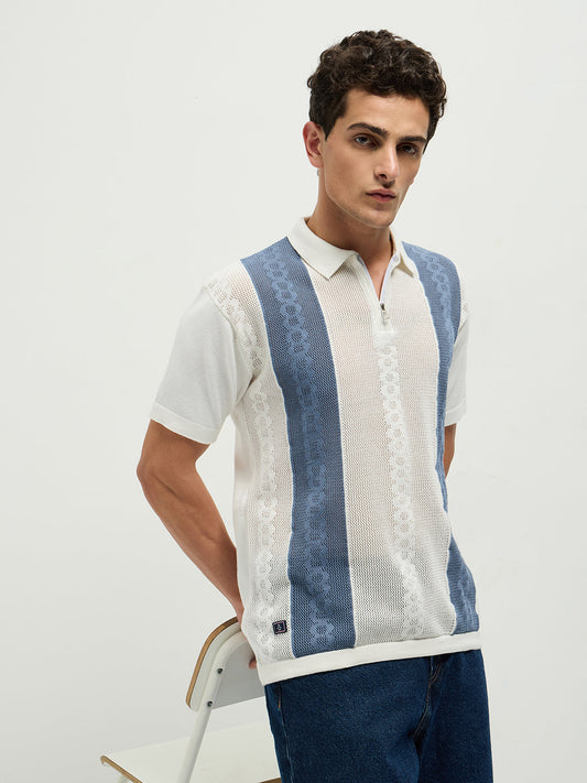 Blue Zipper Stripes Polo T Shirt