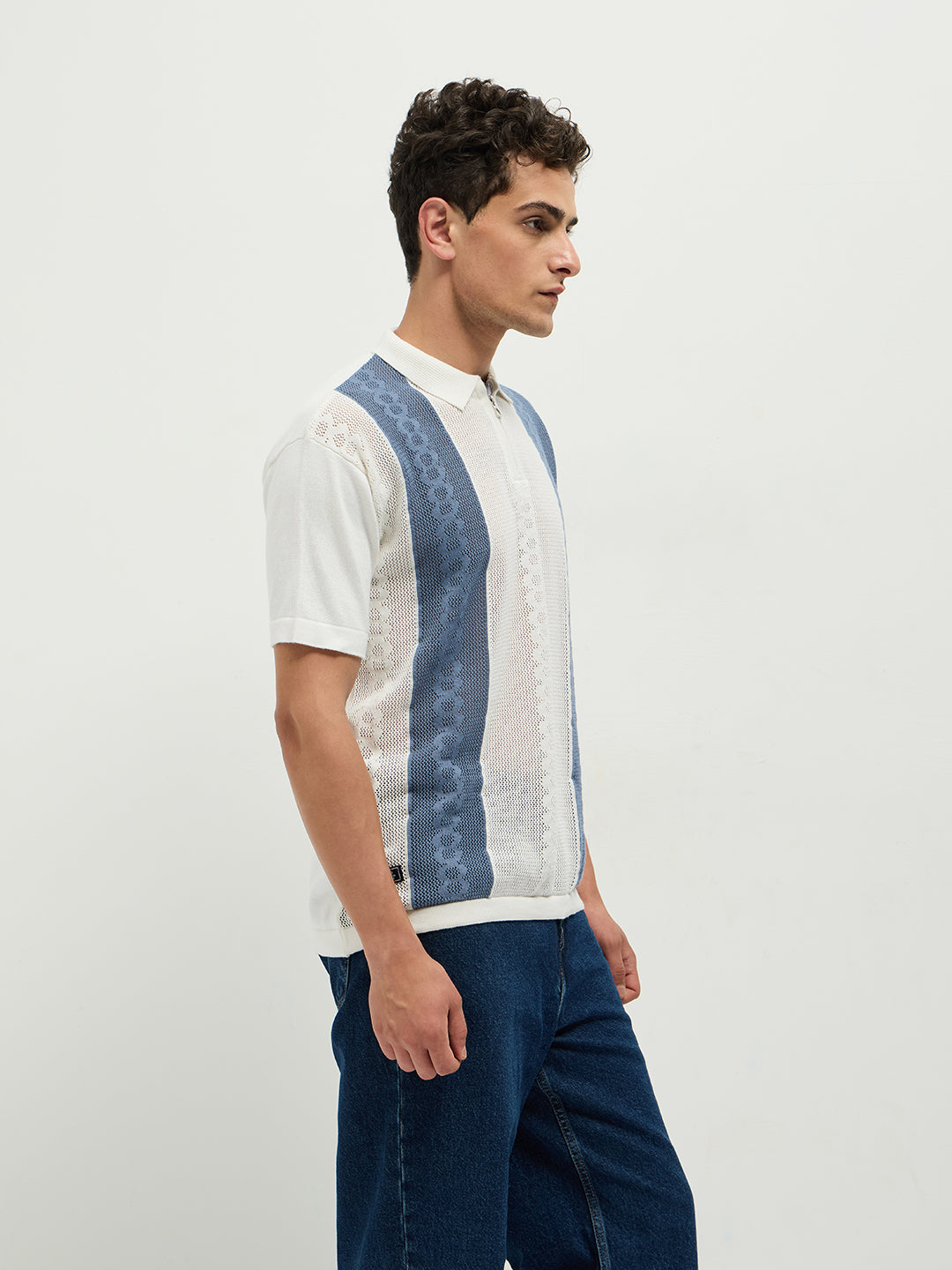 Blue Zipper Stripes Polo T Shirt