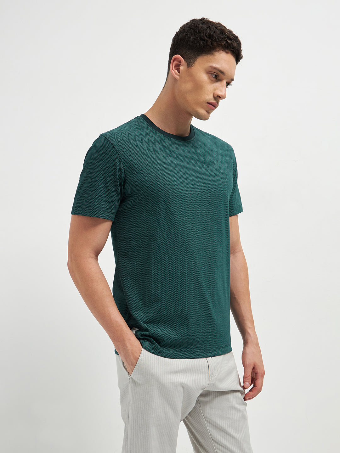 Olive Printed  Crew Neck T Shirt