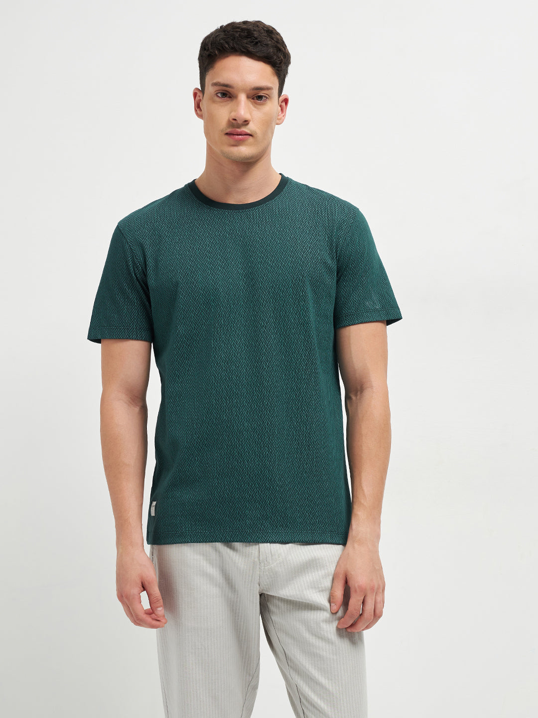 Olive Printed  Crew Neck T Shirt