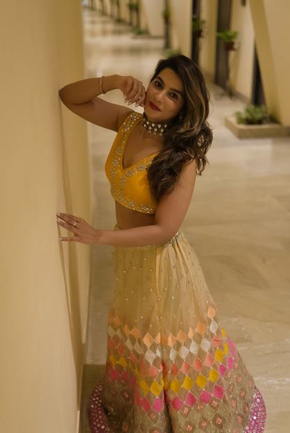 Odette Women Multicolored Net Sequence Semi-Stitched Lehenga Choli